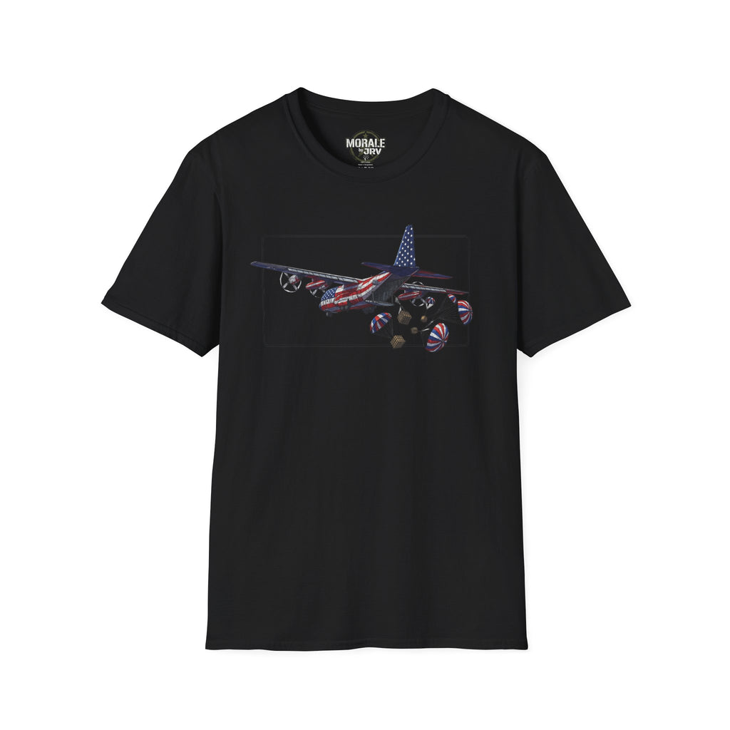 Schwarzes C-130 T‑Shirt mit Grafik von Flugzeug und Fallschirm-Paketen im Rahmen