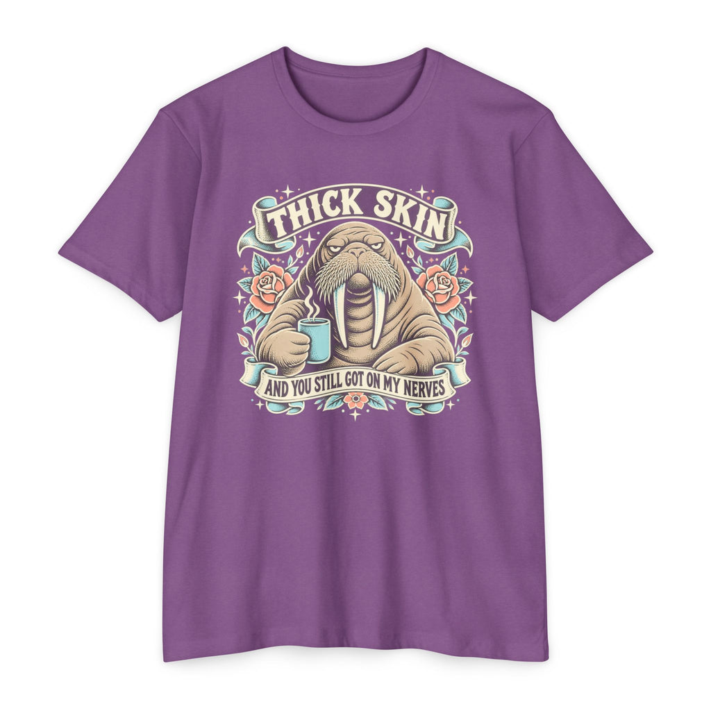 Walrus graphic t-shirt in purple with front chest logo and ribbon lettering