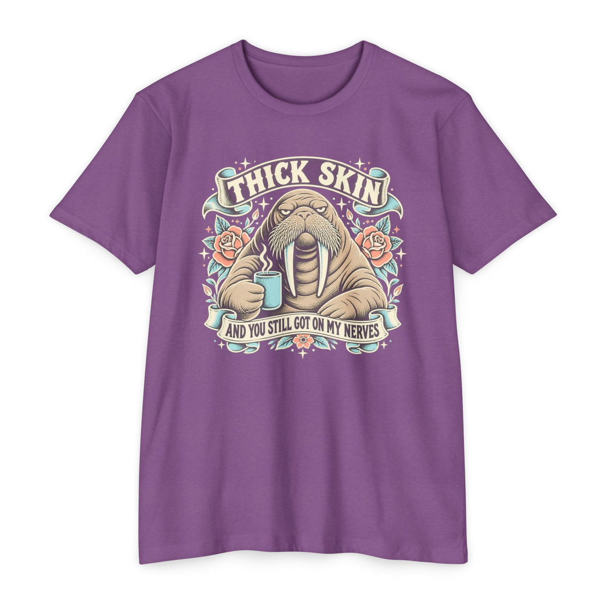 Walrus graphic t-shirt in purple with front chest logo and ribbon lettering