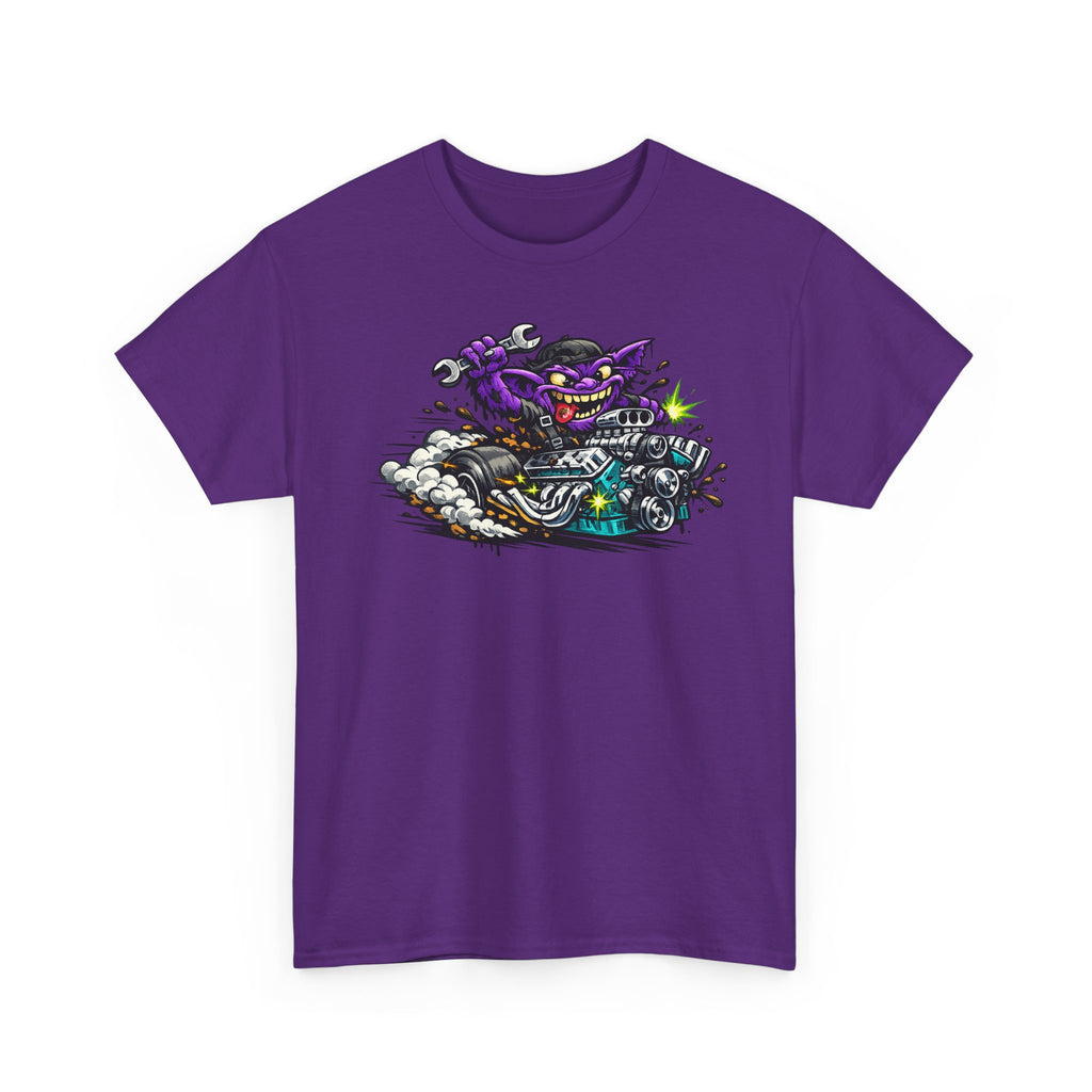 Purple biker cat graphic T-shirt with grinning cat on a motorcycle