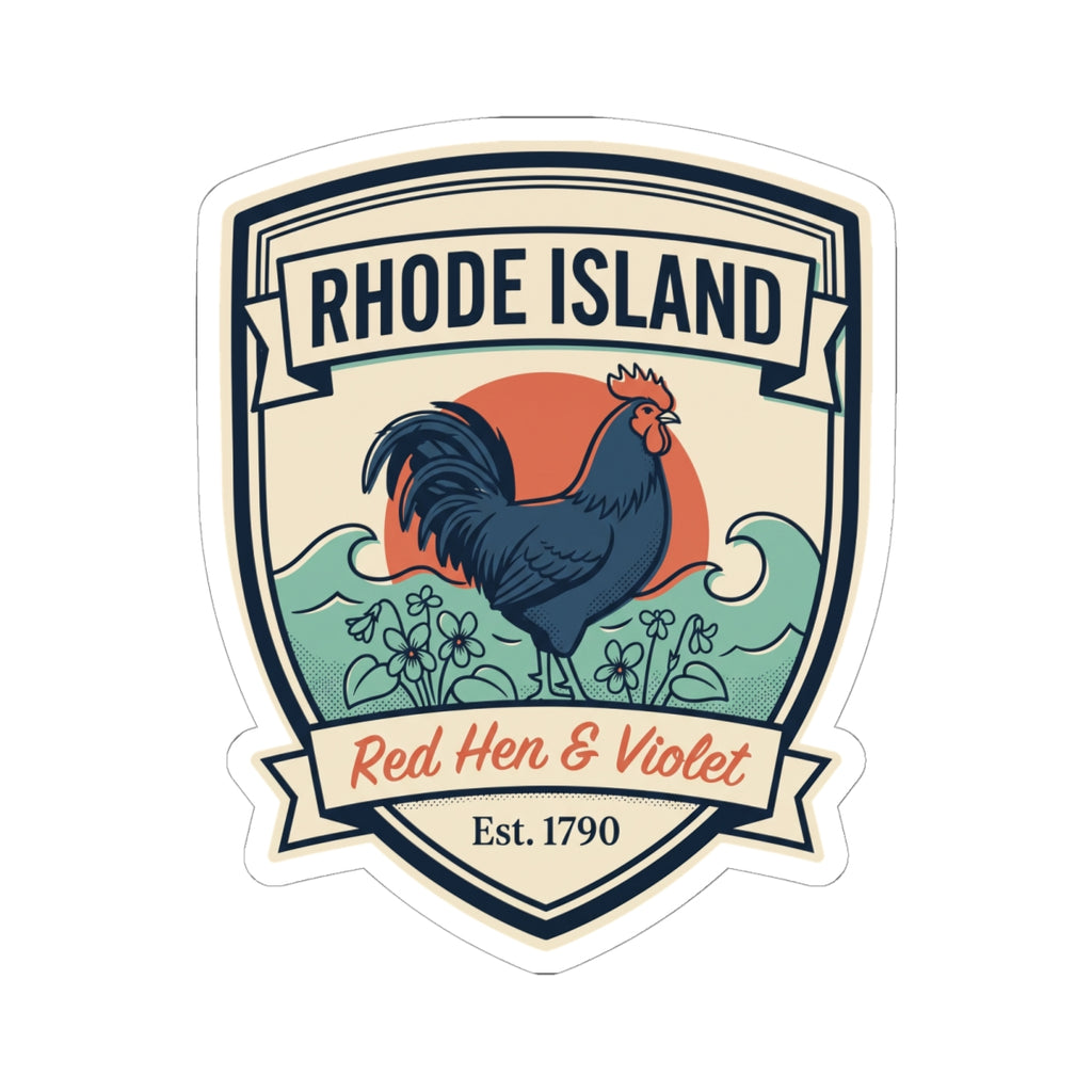 Shield-shaped Rhode Island badge sticker with rooster over floral vines