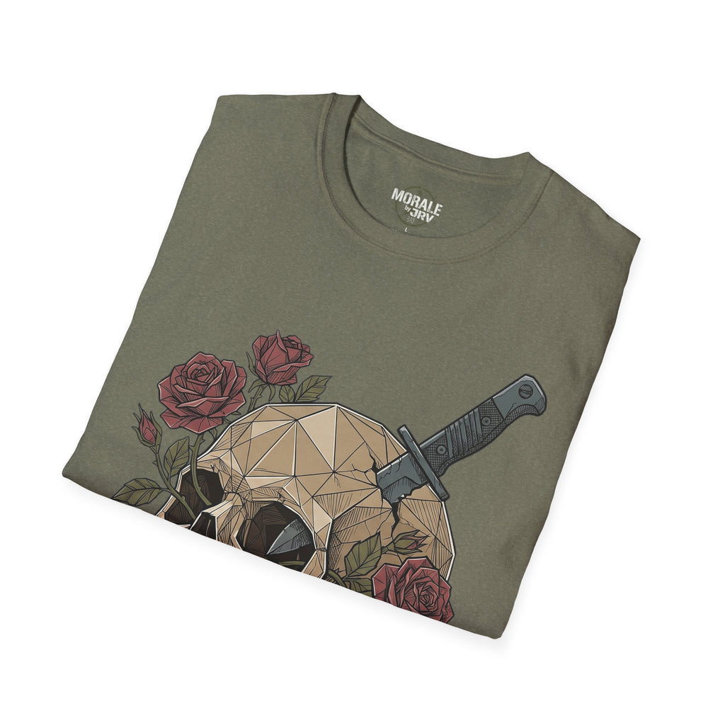 Military green T-shirt with geometric skull, roses, and dagger front print