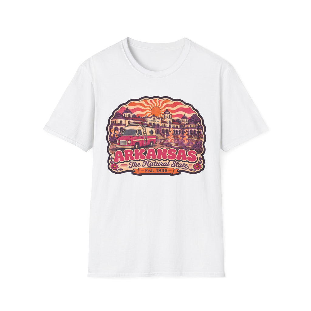 White crewneck T-shirt with multicolor Arkansas camper sunset graphic