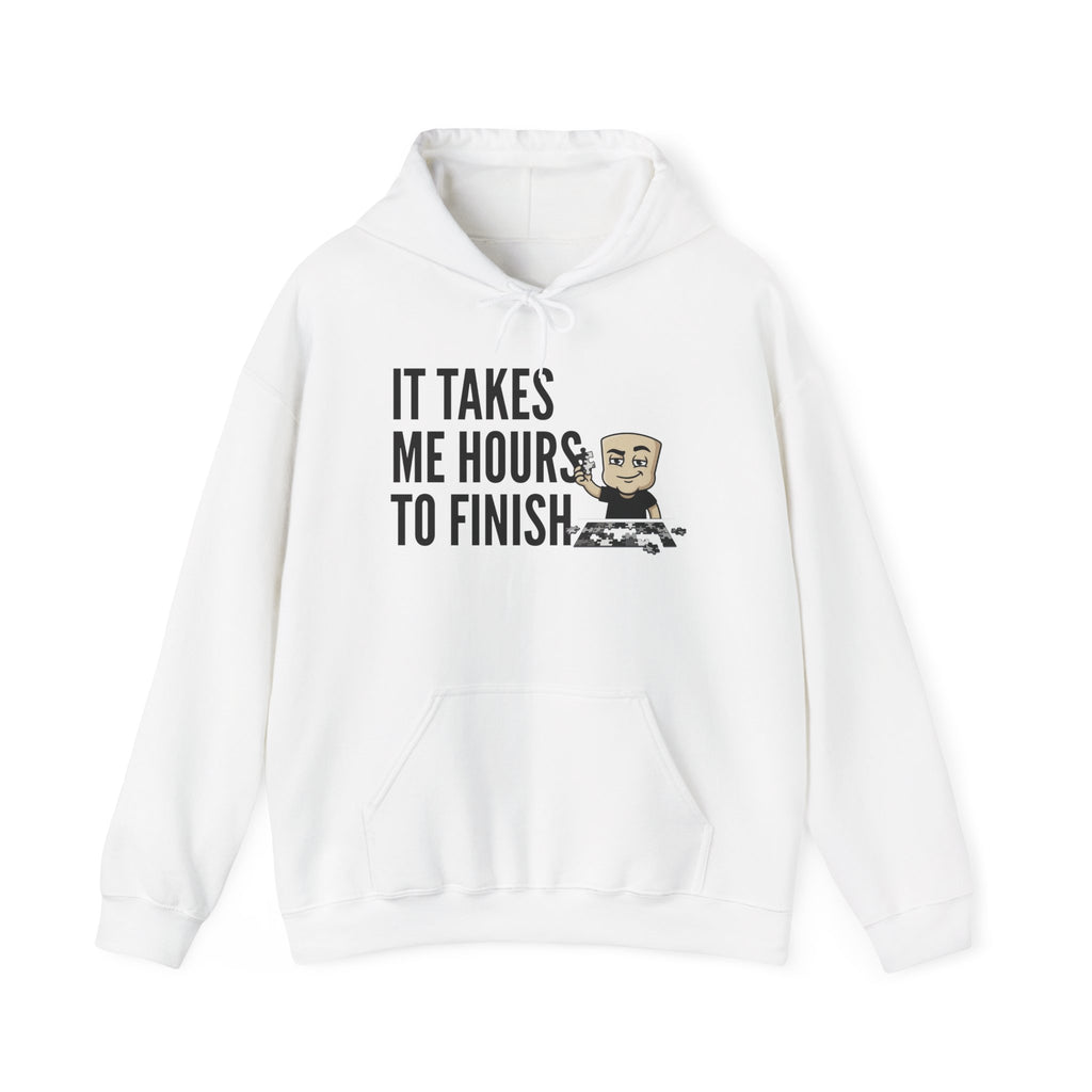 White hoodie with “IT TAKES ME HOURS TO FINISH” chess graphic