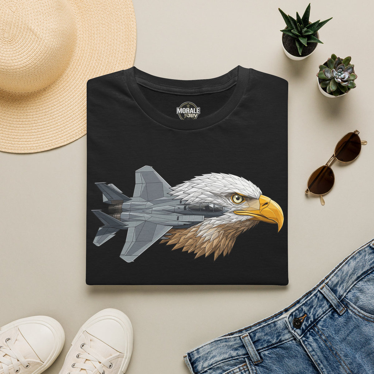 Eagle head and fighter jet graphic t-shirt, black crew neck