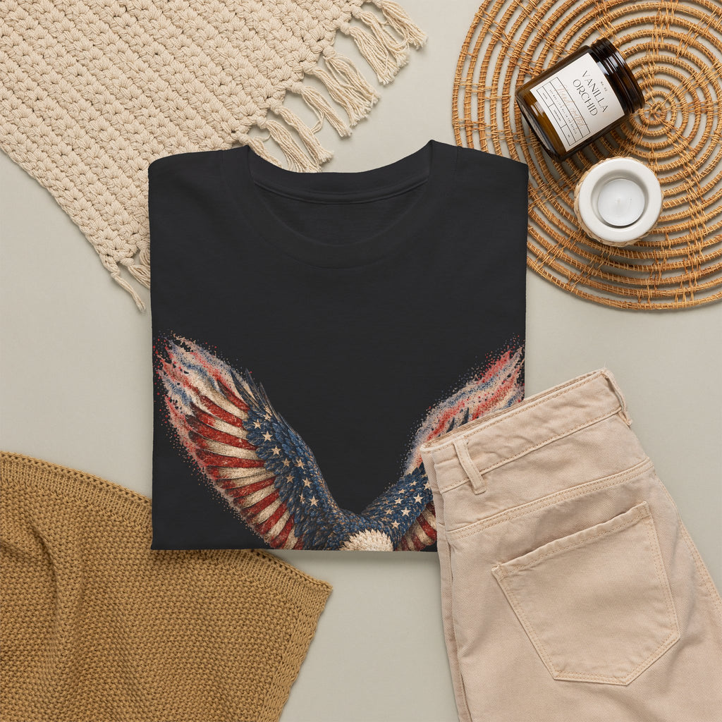 Black crew-neck t-shirt with colorful American flag eagle wing graphic, front.