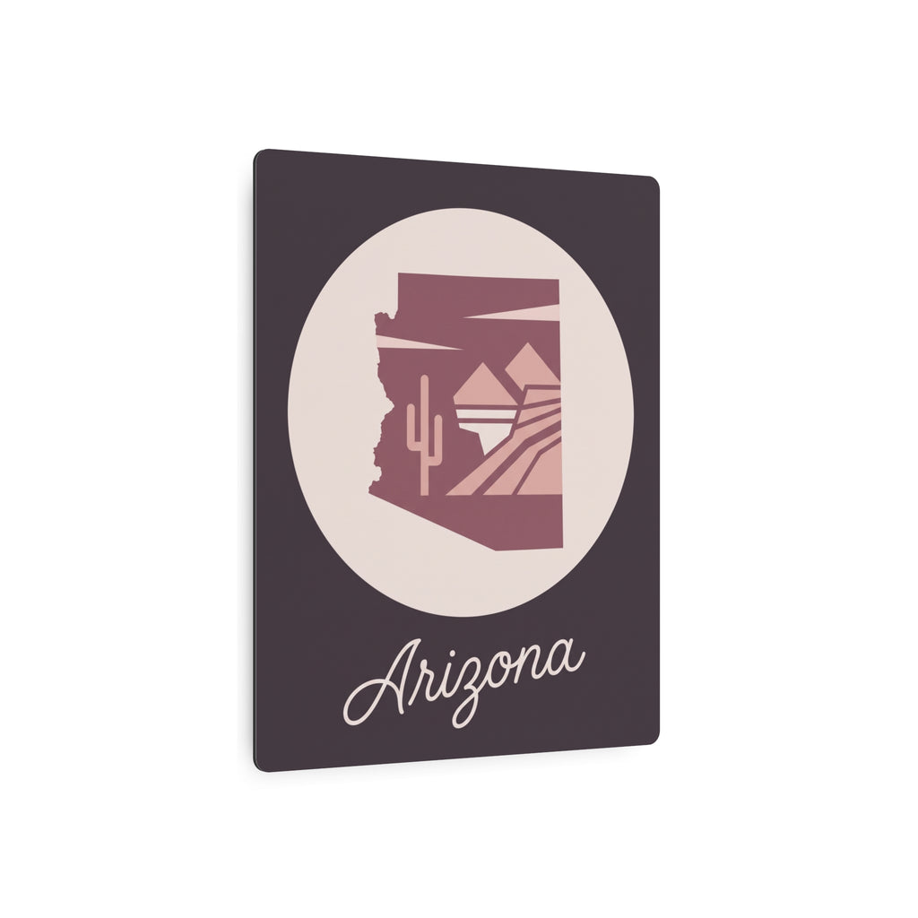 Mauve metal wall art square with circular desert silhouette and 'Arizona' script