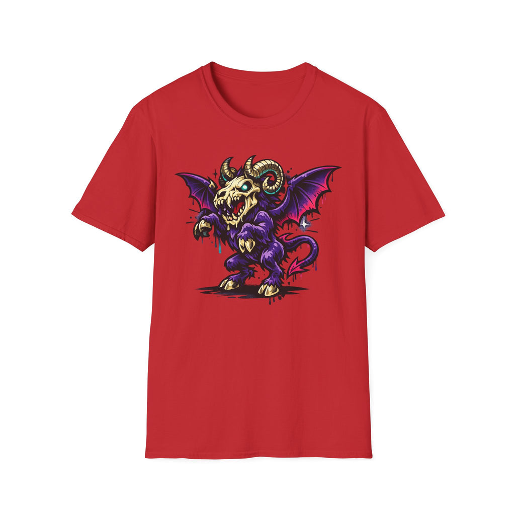 Red crewneck T-shirt with demon ram bat creature graphic on chest