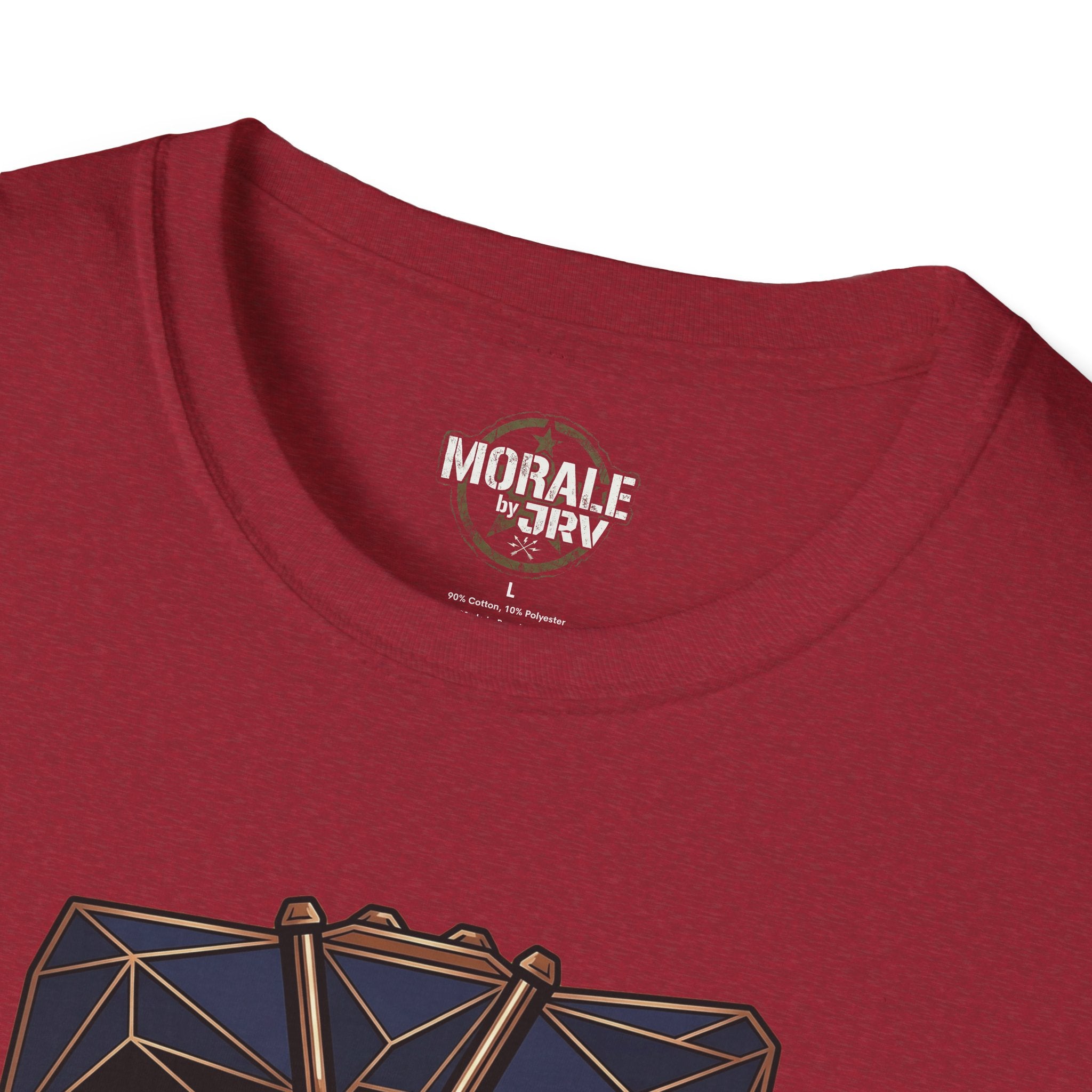 Dark red T-shirt neckline with small chest tag and upper part of bell graphic