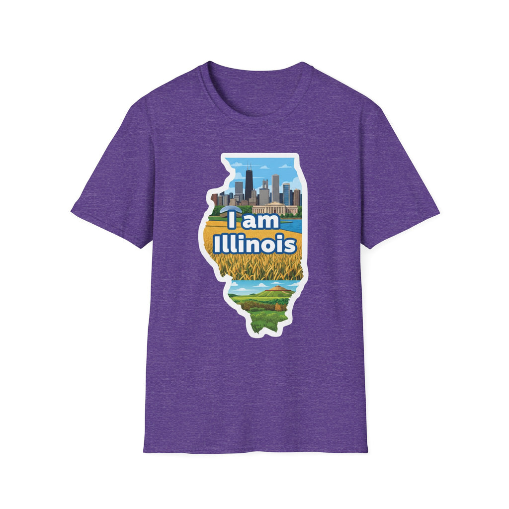 Heather purple I Am Illinois T-shirt with Illinois map skyline and farmland artwork