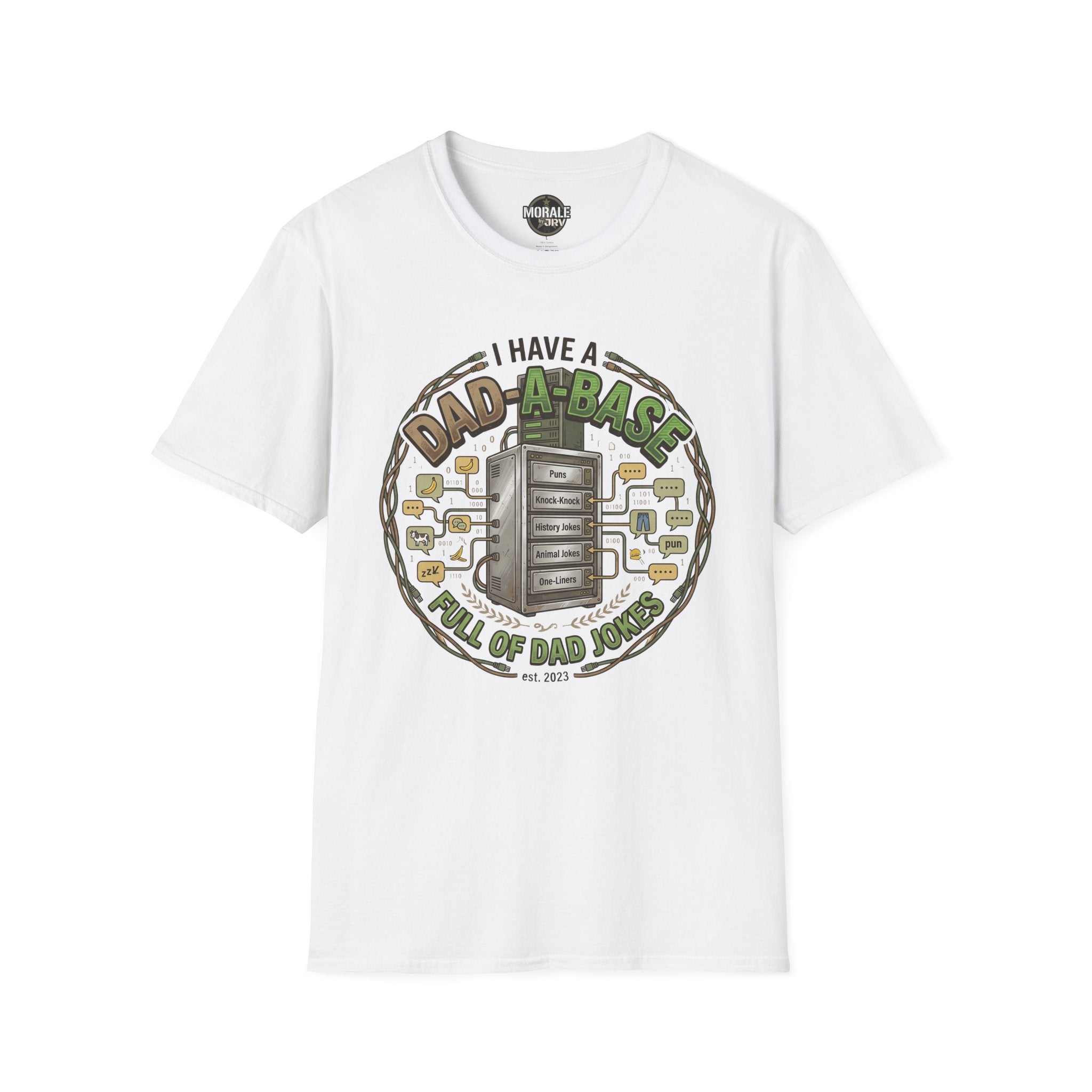 White T-shirt with “I have a Dad-a-Base” retro computer dad-joke graphic