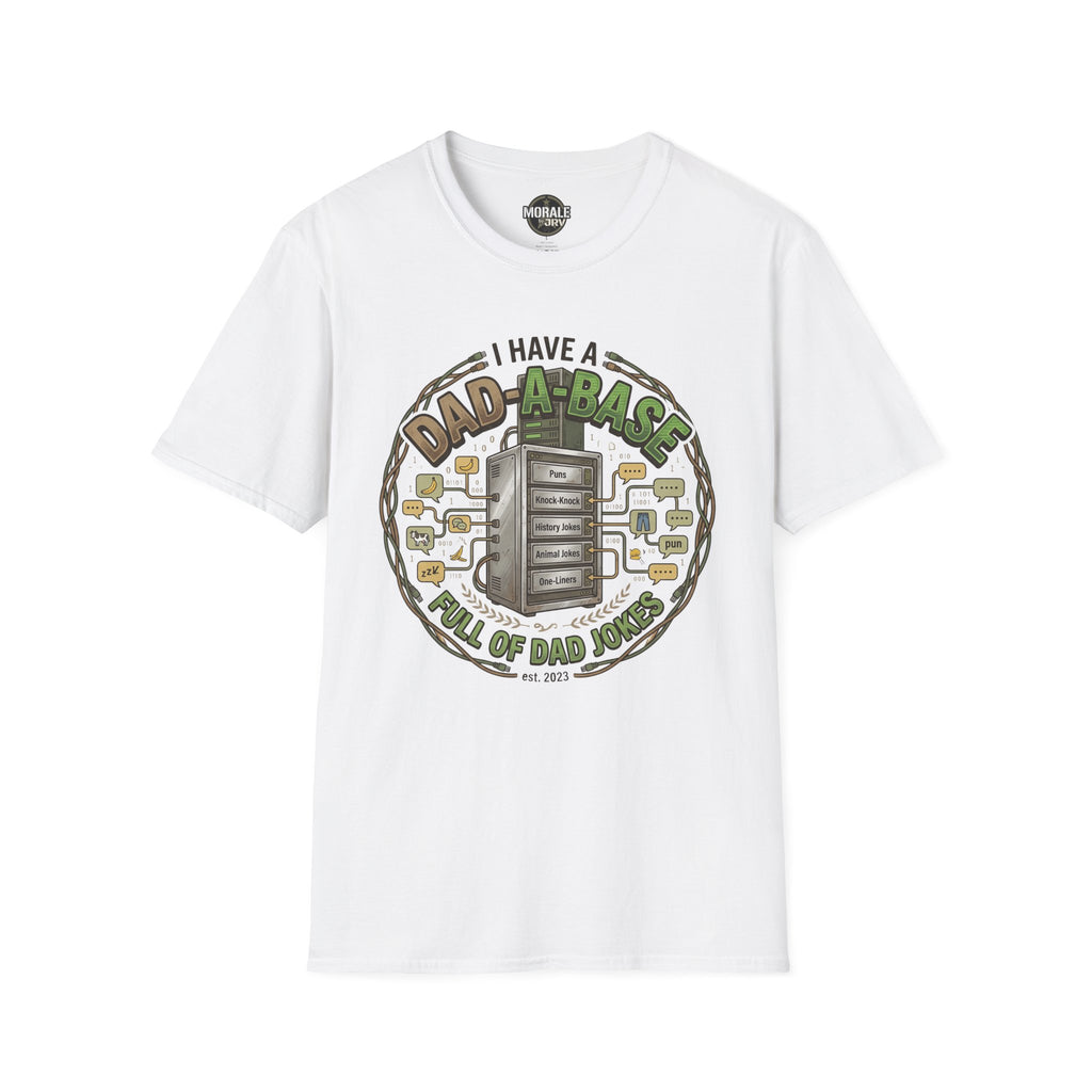 White T-shirt with circular “Dad-A-Base” dad jokes graphic on front