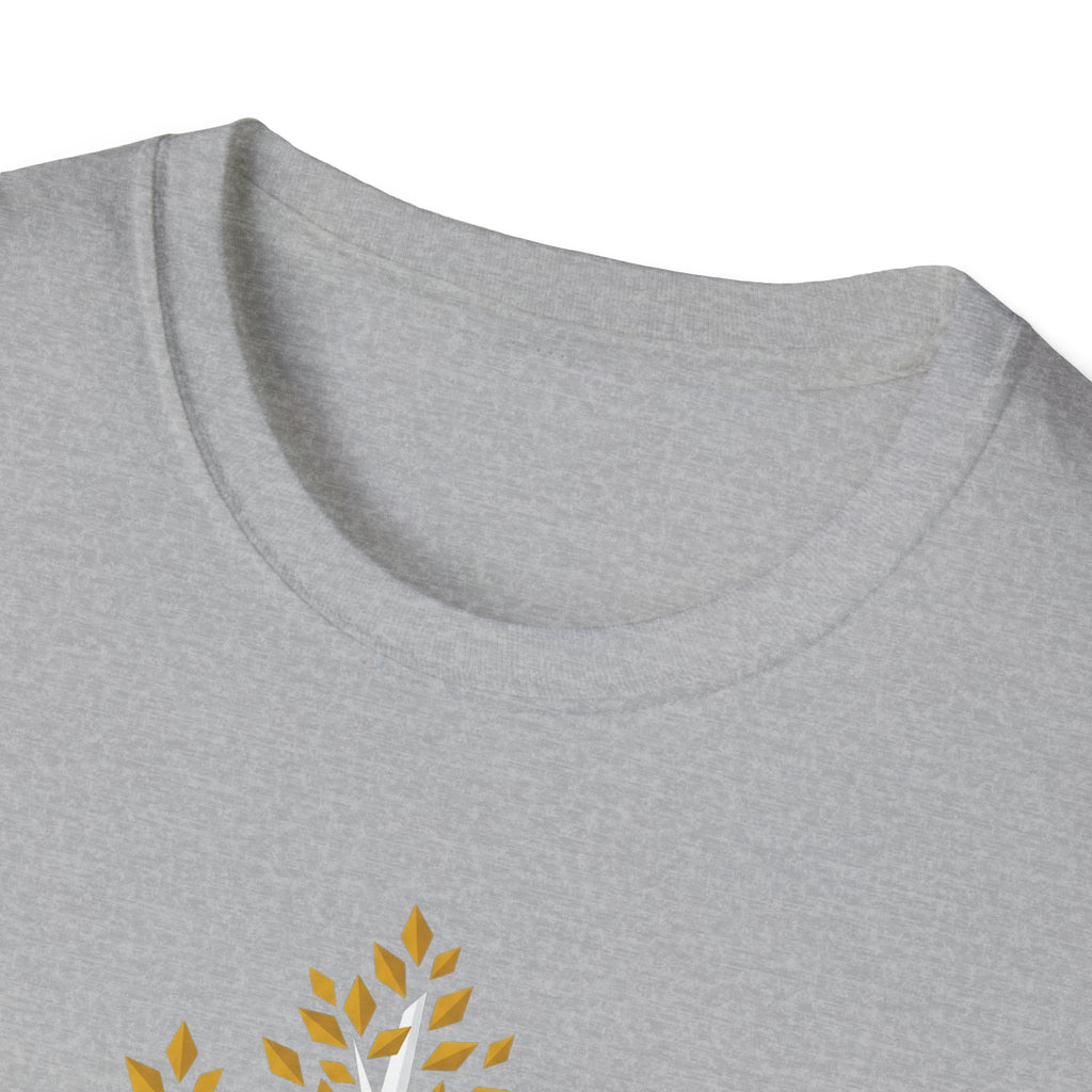 Sport Grey T-shirt close-up of neckline and partial birch trees graphic