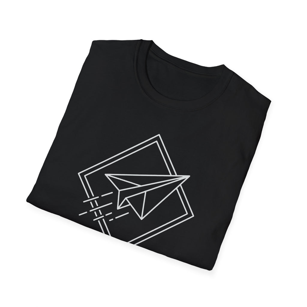 Black T-shirt with white paper airplane line-art graphic