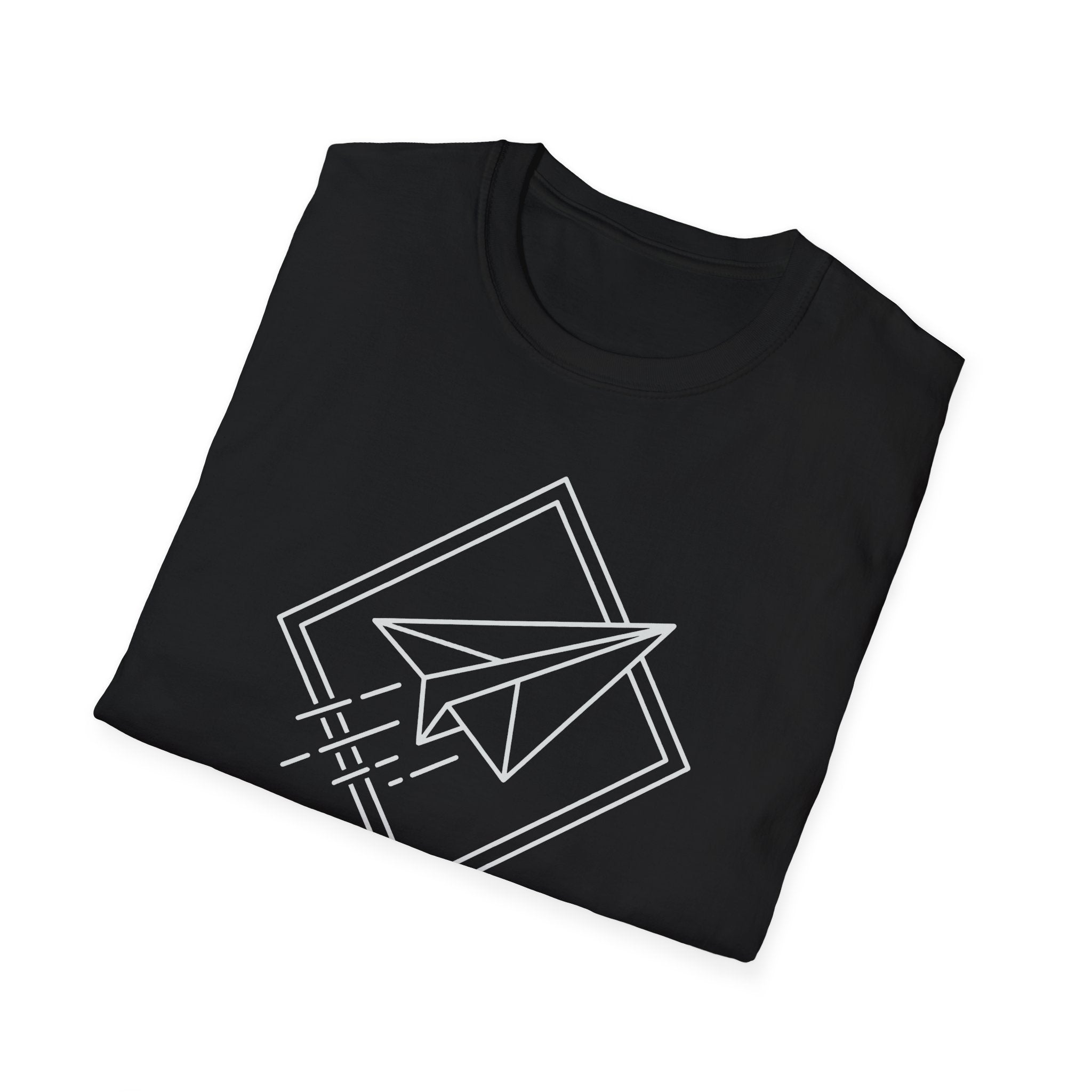 Black T-shirt with white paper airplane line-art graphic