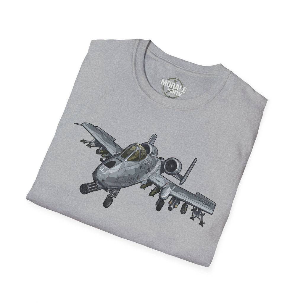 A-10 Warthog T-shirt, sport grey, front jet graphic with missiles