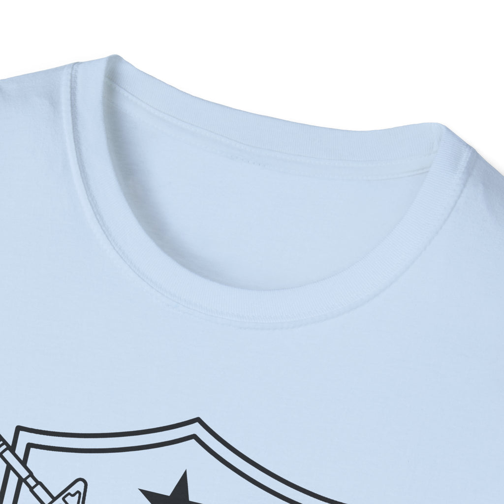Graphic T-shirt neckline in light blue with partial chest graphic and collar seam.