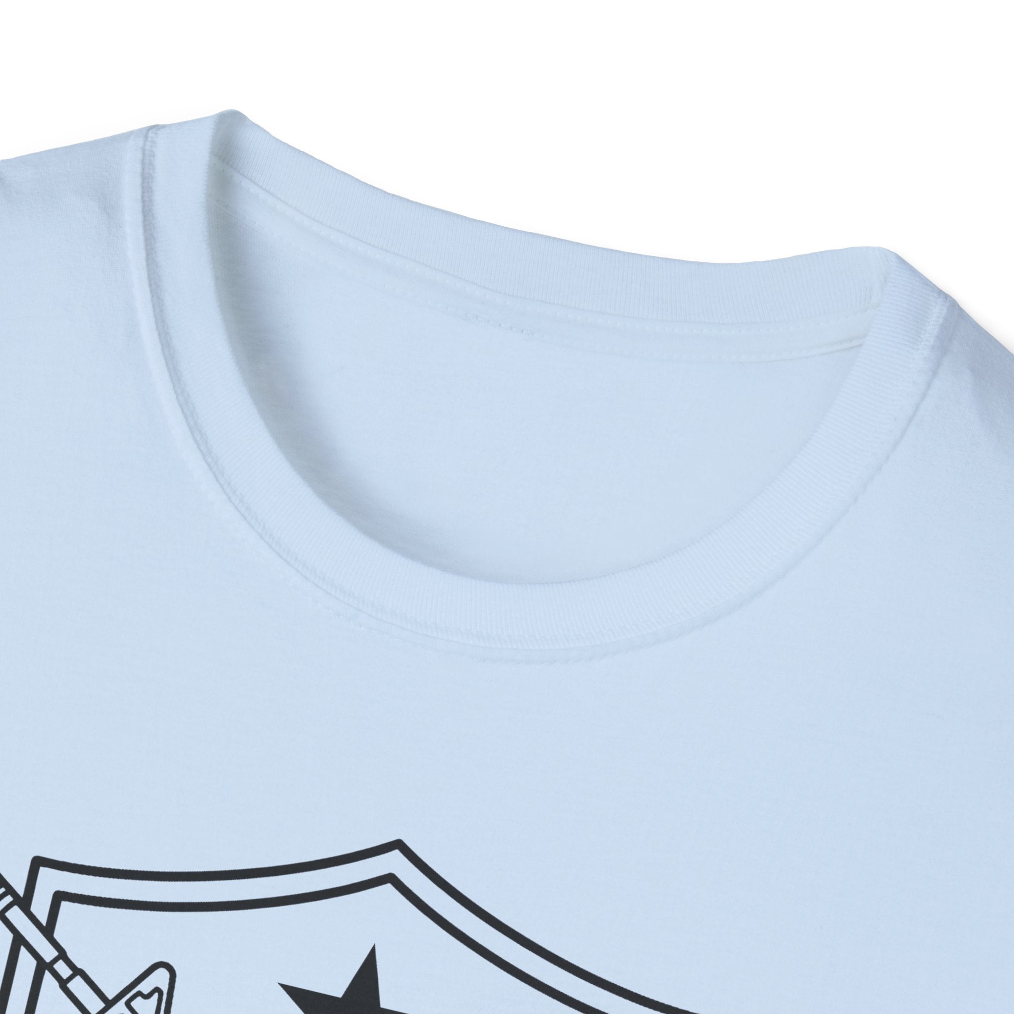 Graphic T-shirt neckline in light blue with partial chest graphic and collar seam.