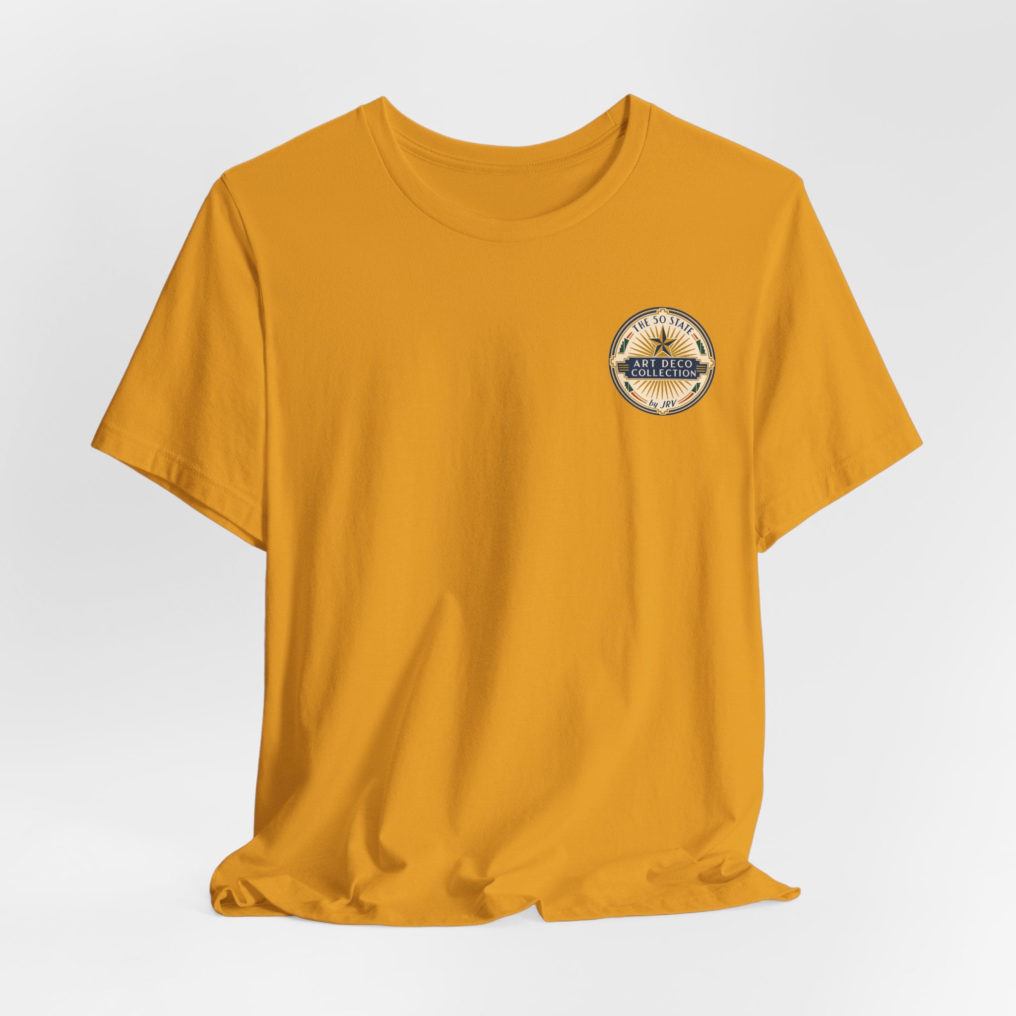 Mustard yellow short-sleeve T-shirt with small circular logo on the chest.