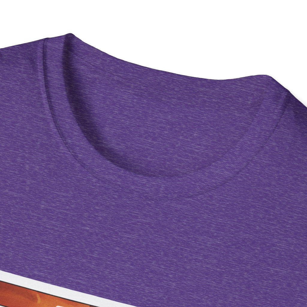 Heather purple T-shirt, crew neck and shoulder close-up