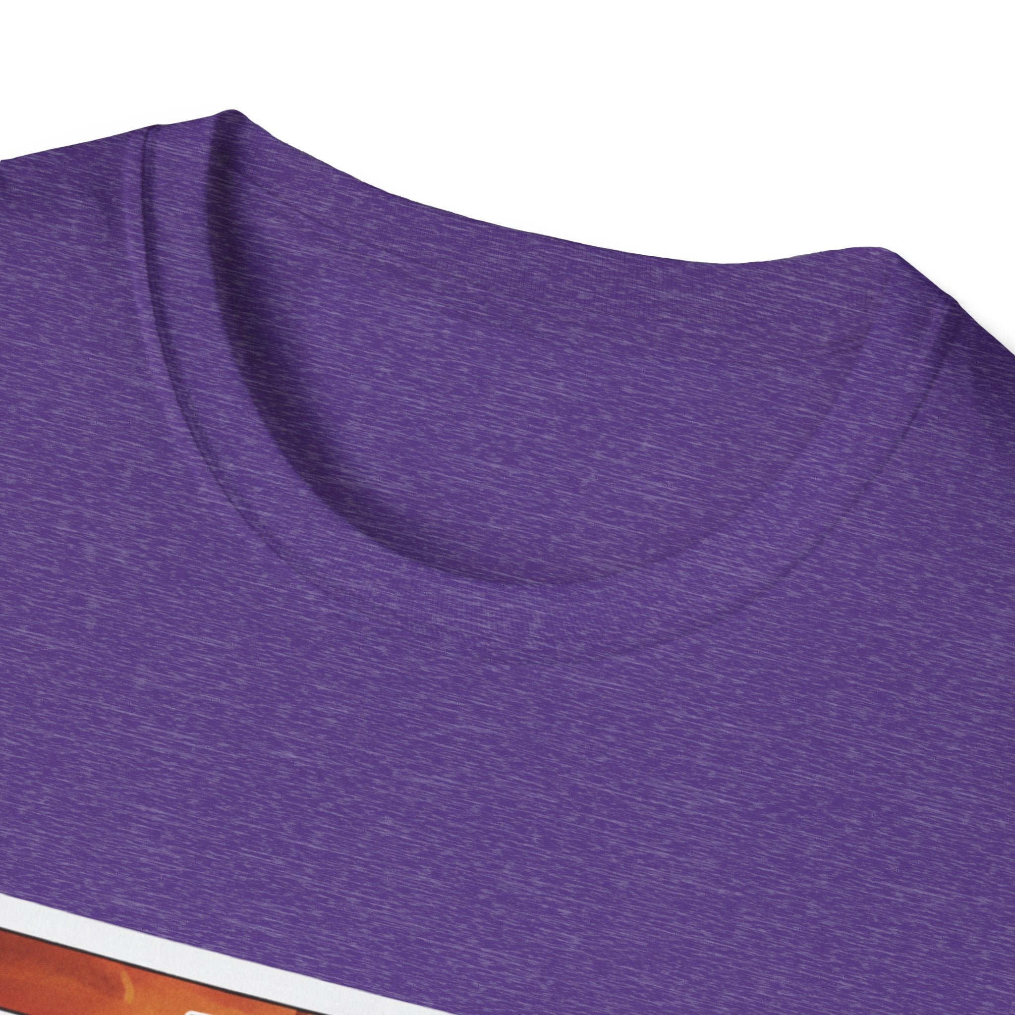Heather purple T-shirt, crew neck and shoulder close-up