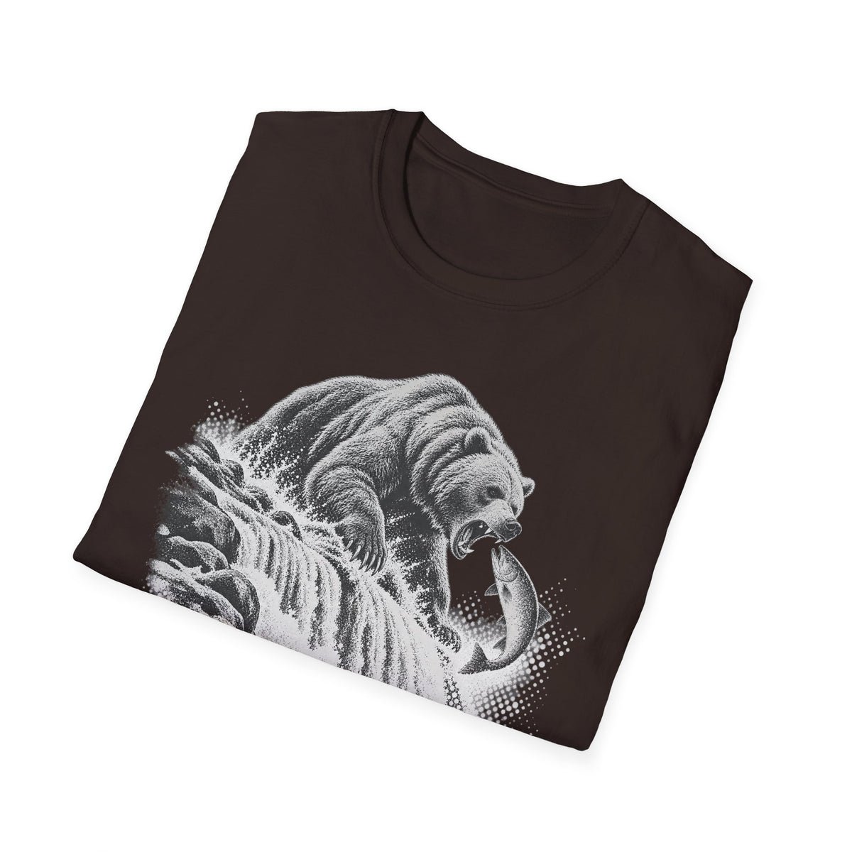 Dark brown crewneck T-shirt with gray grizzly bear front graphic