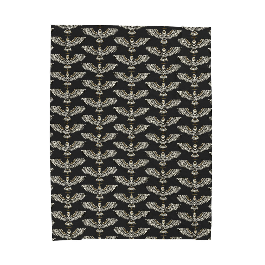 Velveteen plush blanket, winged skull motif repeat in gold on dark fabric