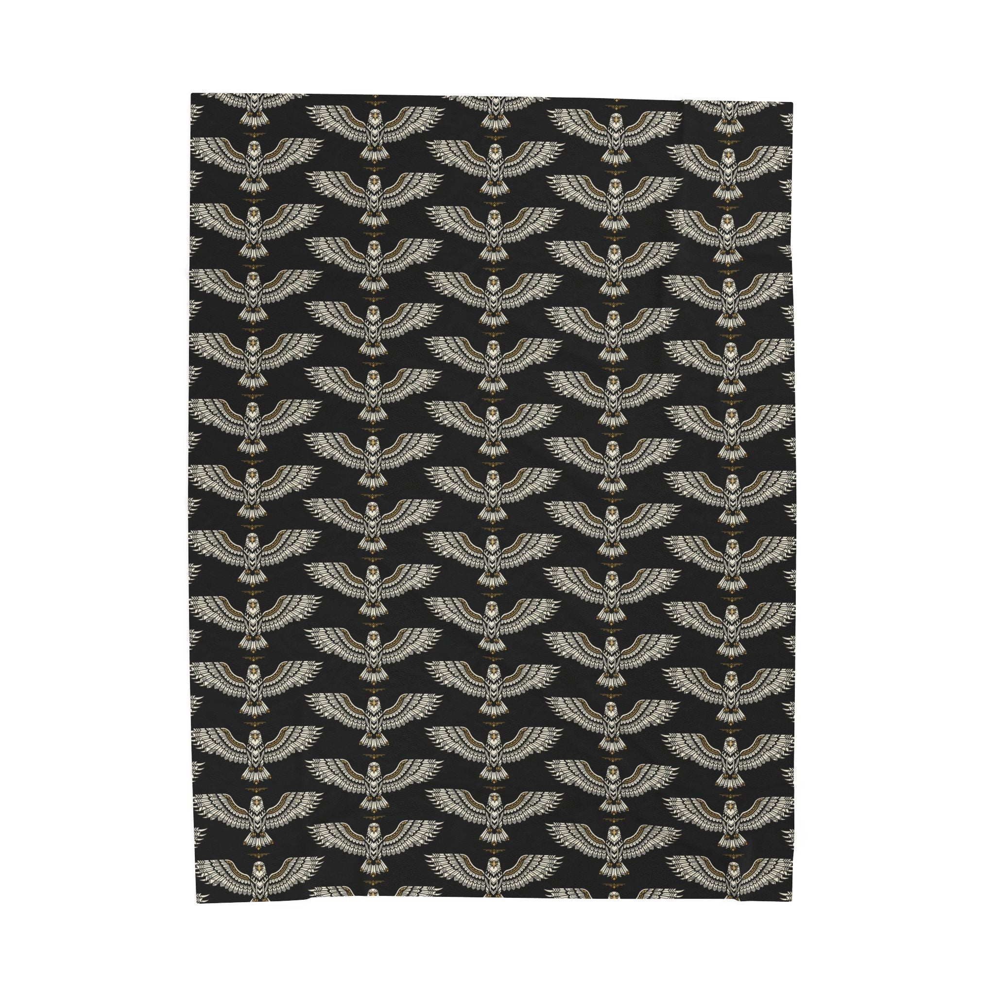Velveteen plush blanket, winged skull motif repeat in gold on dark fabric