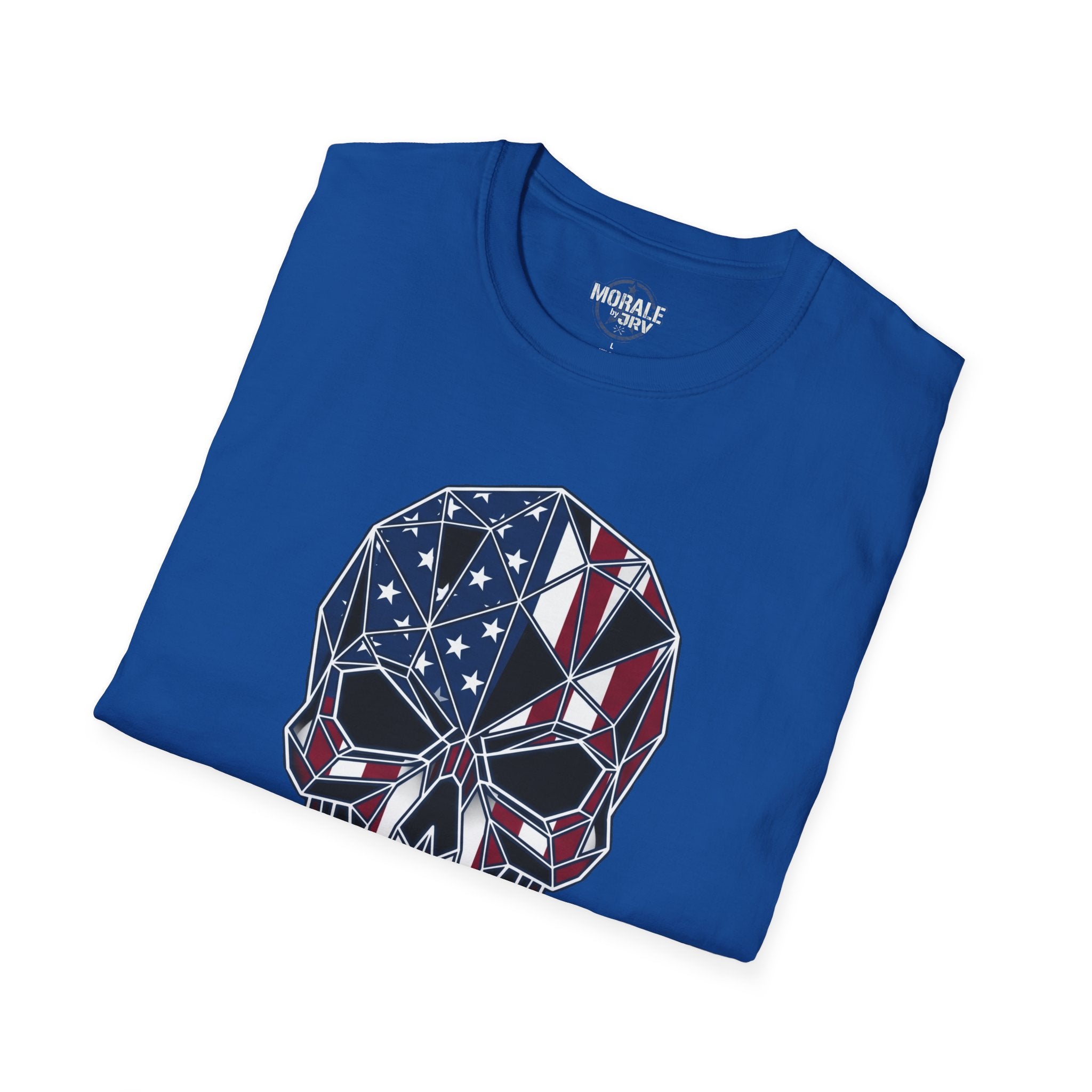 Royal blue T-shirt with American flag skull warrior graphic