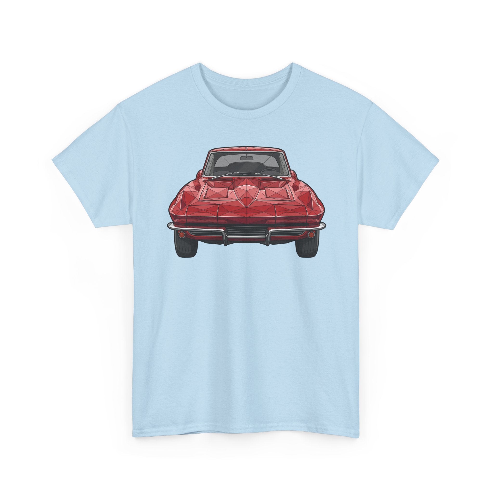 Graphic sports coupe T-shirt in light blue, front view car print