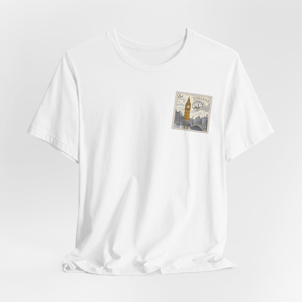 White short-sleeve T-shirt with small vintage postage stamp graphic on chest