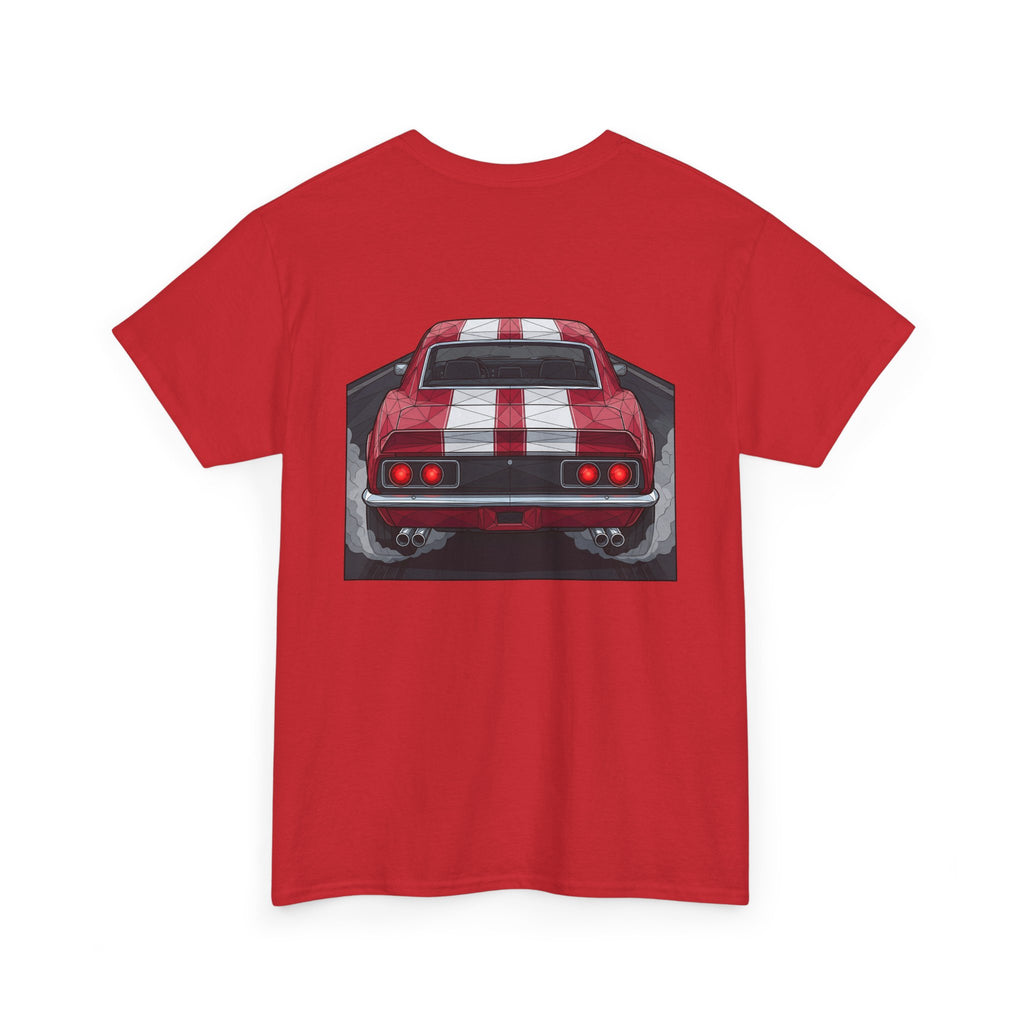 Red muscle car graphic tee with rear view red car illustration