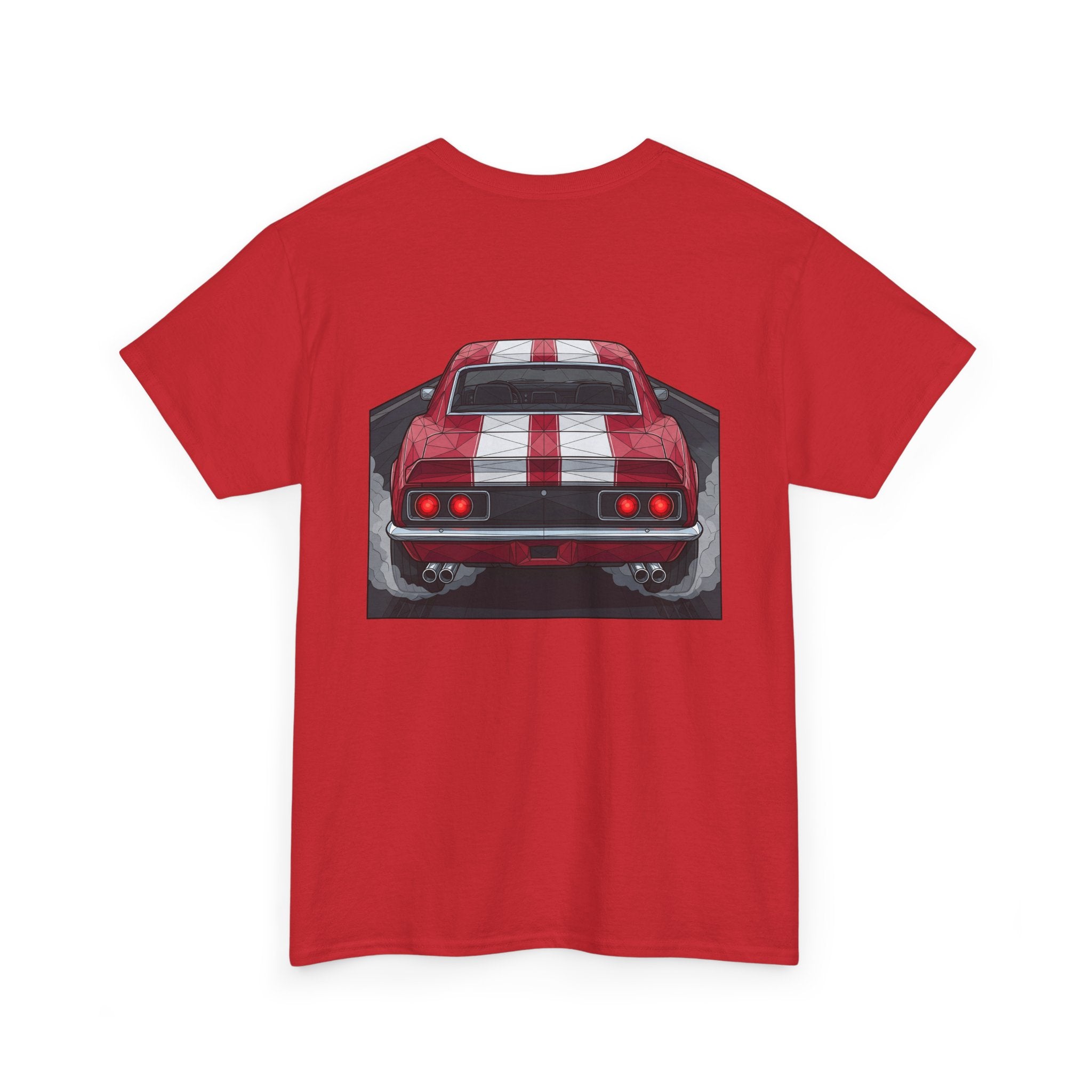 Red muscle car graphic tee with rear view red car illustration