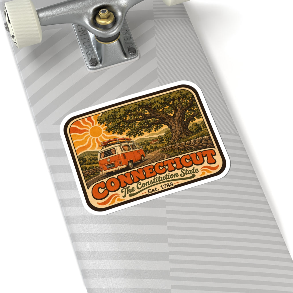 Connecticut vintage camper van sticker on a gray striped fabric with white border.