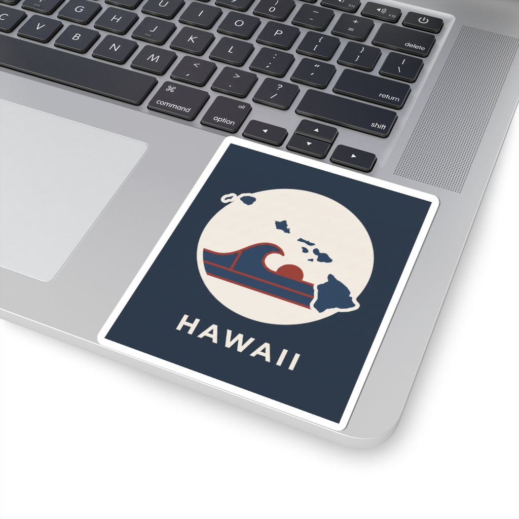 Navy square sticker with white circle surf wave map badge and “HAWAII” lettering