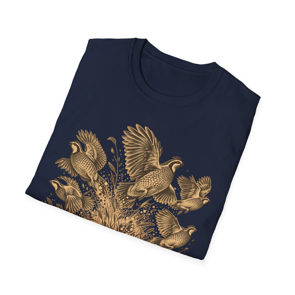 Navy crew-neck T-shirt with gold upland birds graphic on front