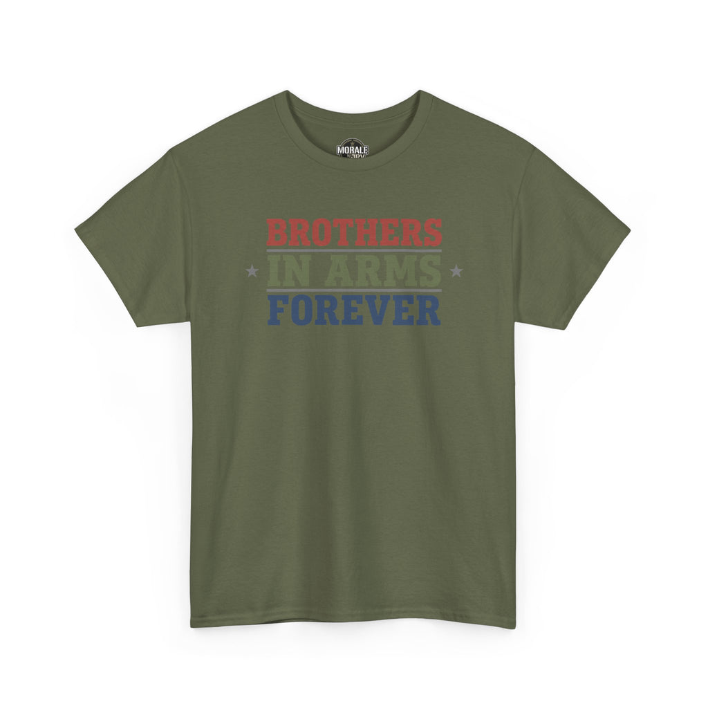 Military green T-shirt with multicolor 'BROTHERS IN ARMS FOREVER' star print