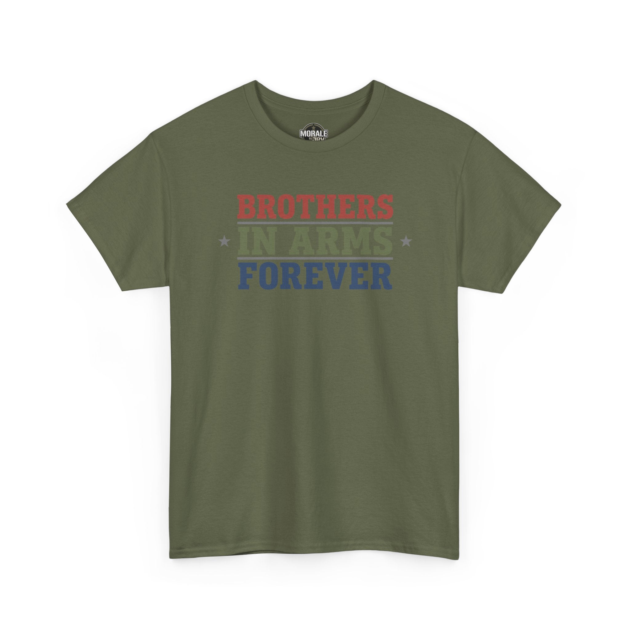 Military green T-shirt with multicolor 'BROTHERS IN ARMS FOREVER' star print