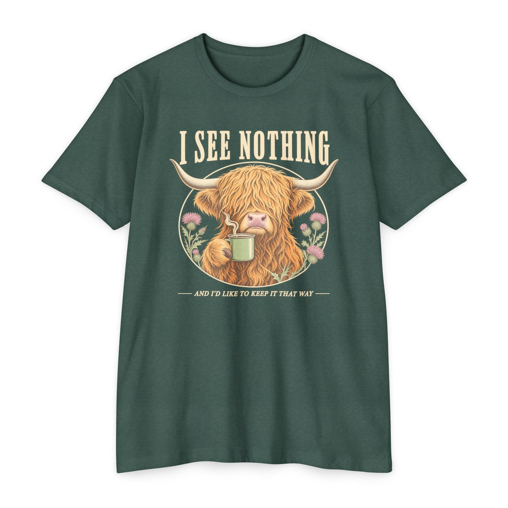 Green short-sleeve graphic T-shirt with Highland cow holding a coffee mug