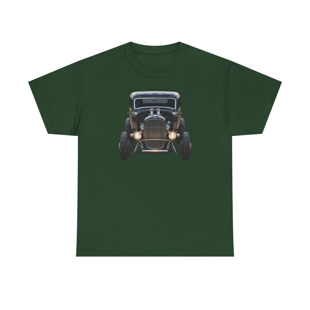 Dark green T-shirt with vintage hot rod car graphic on the chest