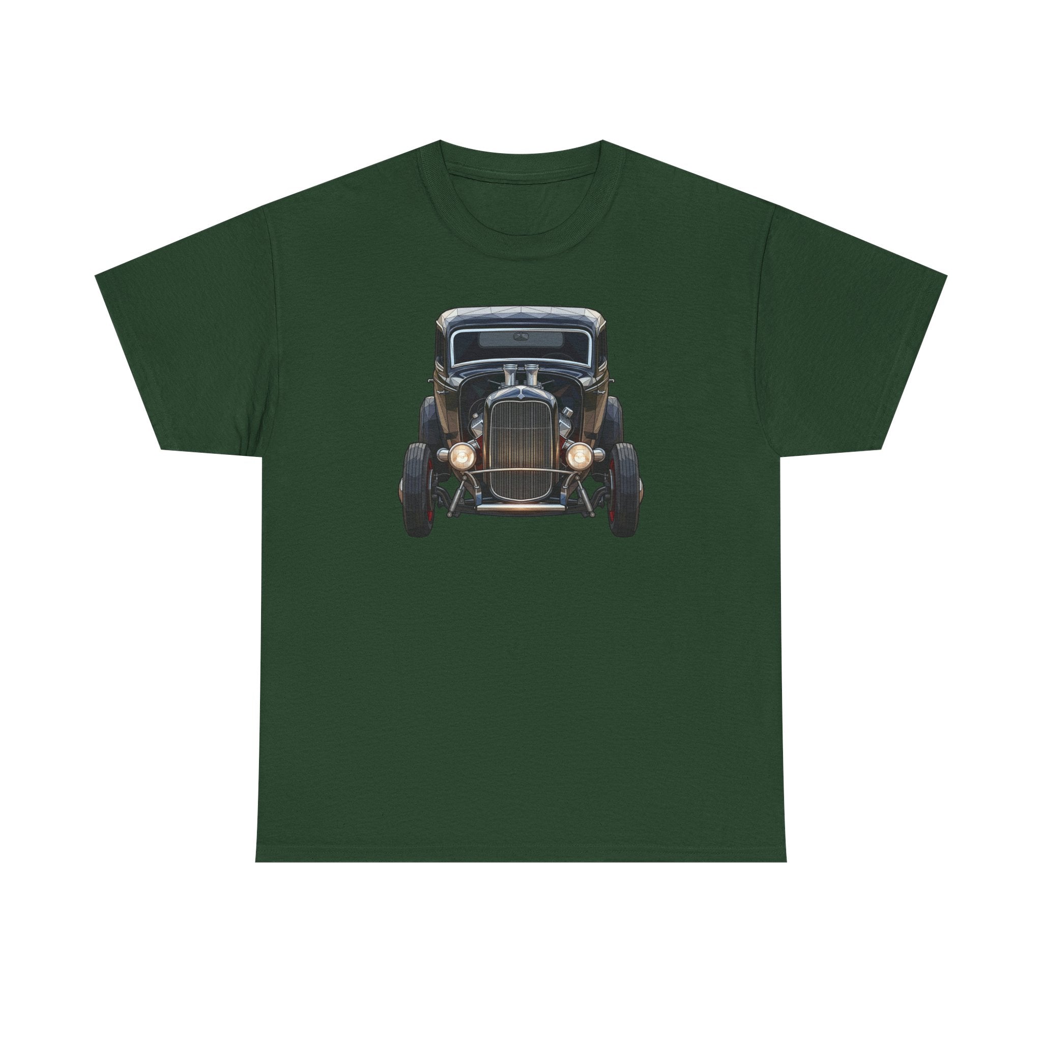 Dark green T-shirt with vintage hot rod car graphic on the chest
