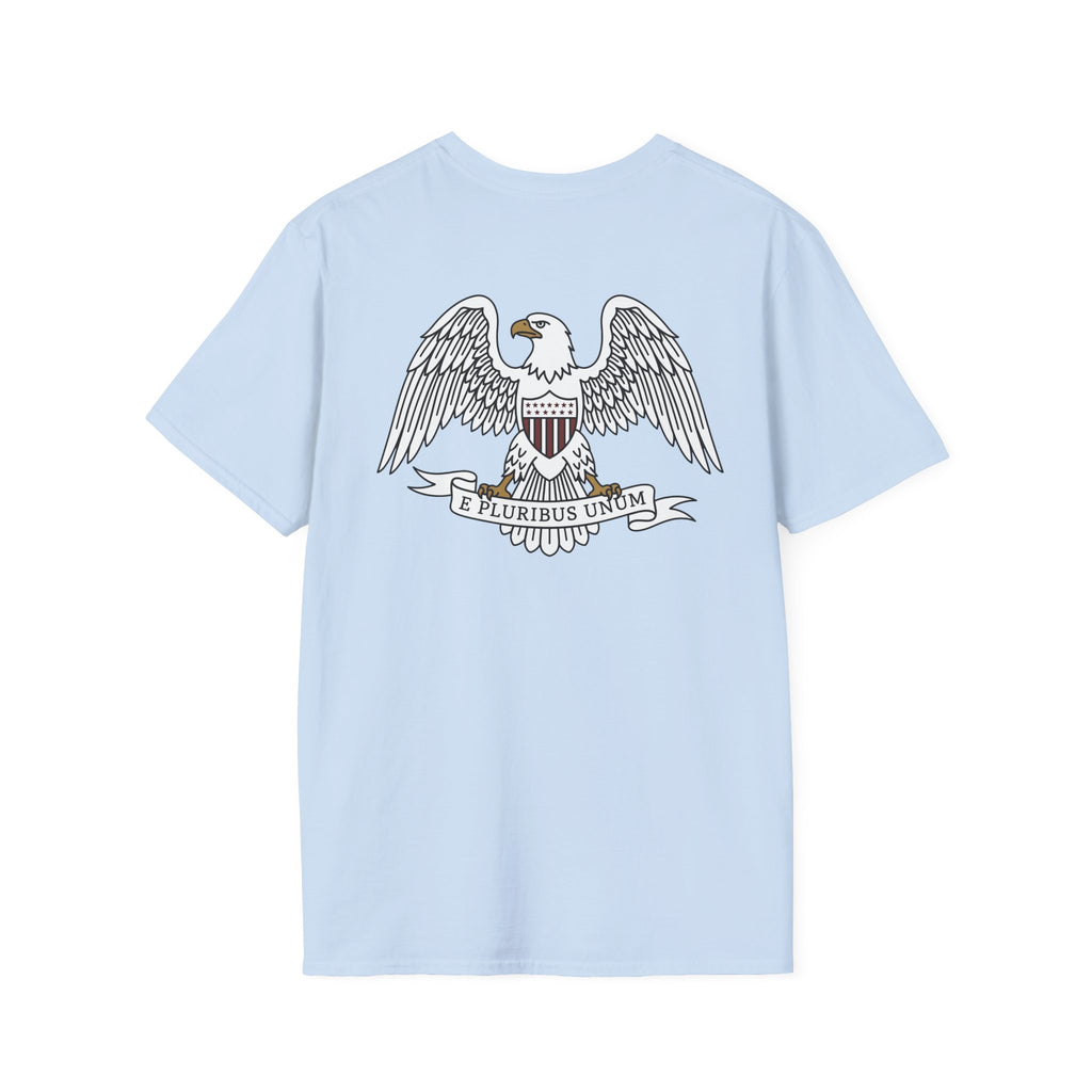 Light blue graphic t-shirt with bald eagle shield crest and “E Pluribus Unum” text