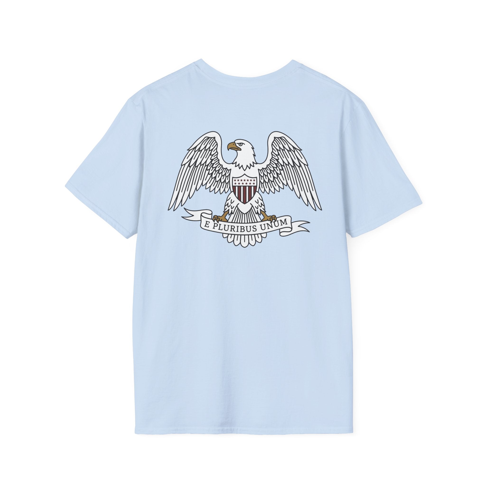 Light blue graphic t-shirt with bald eagle shield crest and “E Pluribus Unum” text