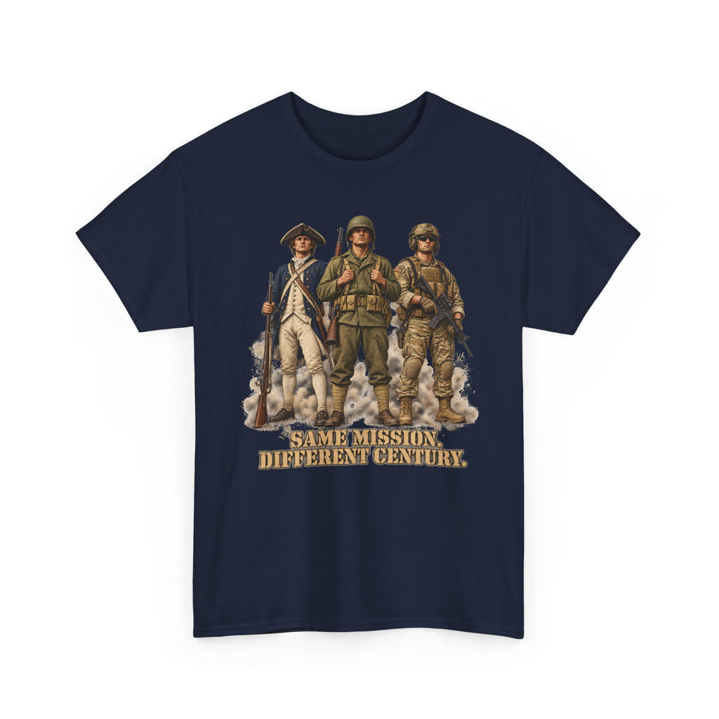 Navy graphic soldiers T-shirt with bold text "Same Mission Different Century."