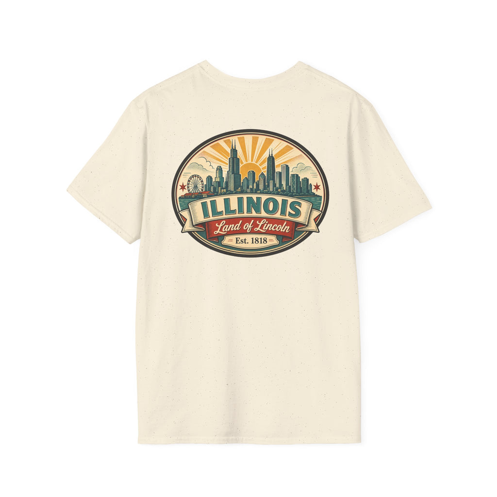 Cream T-shirt with circular Illinois skyline badge, Est. 1818