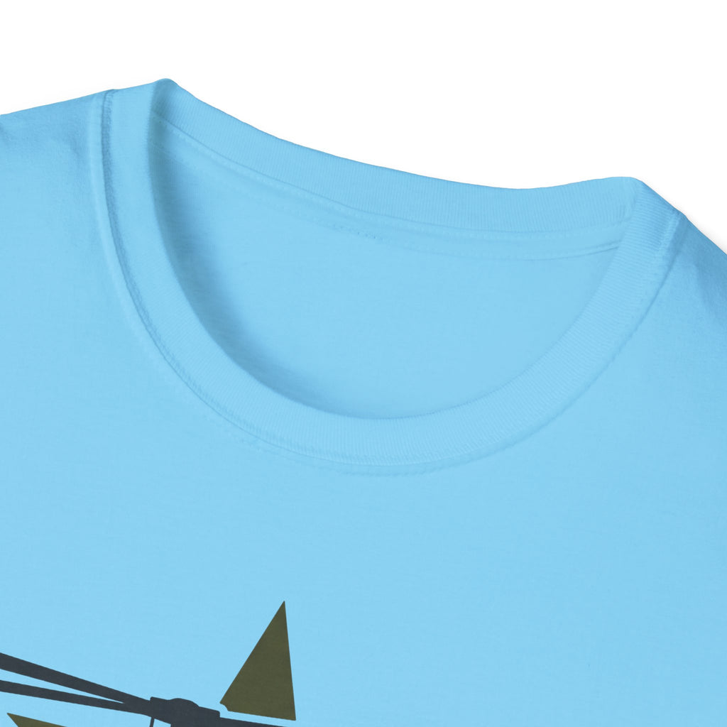 Light blue crewneck t-shirt with partial helicopter graphic at the lower chest