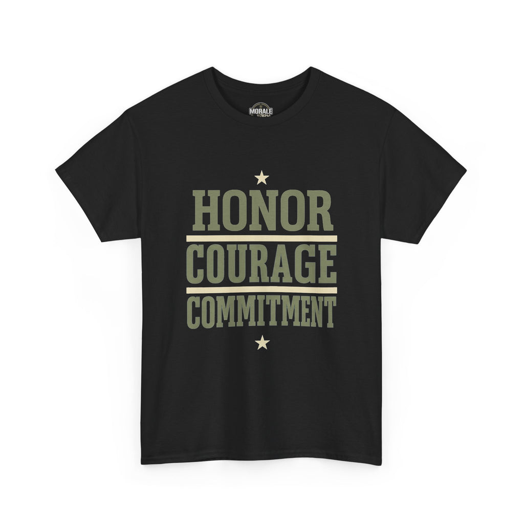 Black crewneck t-shirt with 'HONOR COURAGE COMMITMENT' graphic and stars