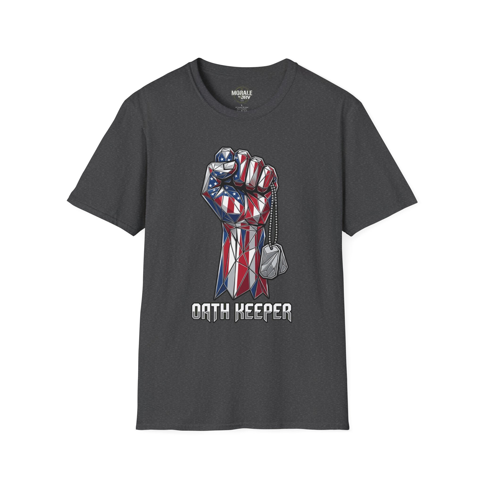 Patriotic Fist T-Shirt, charcoal gray with American flag fist and "OATH KEEPER"
