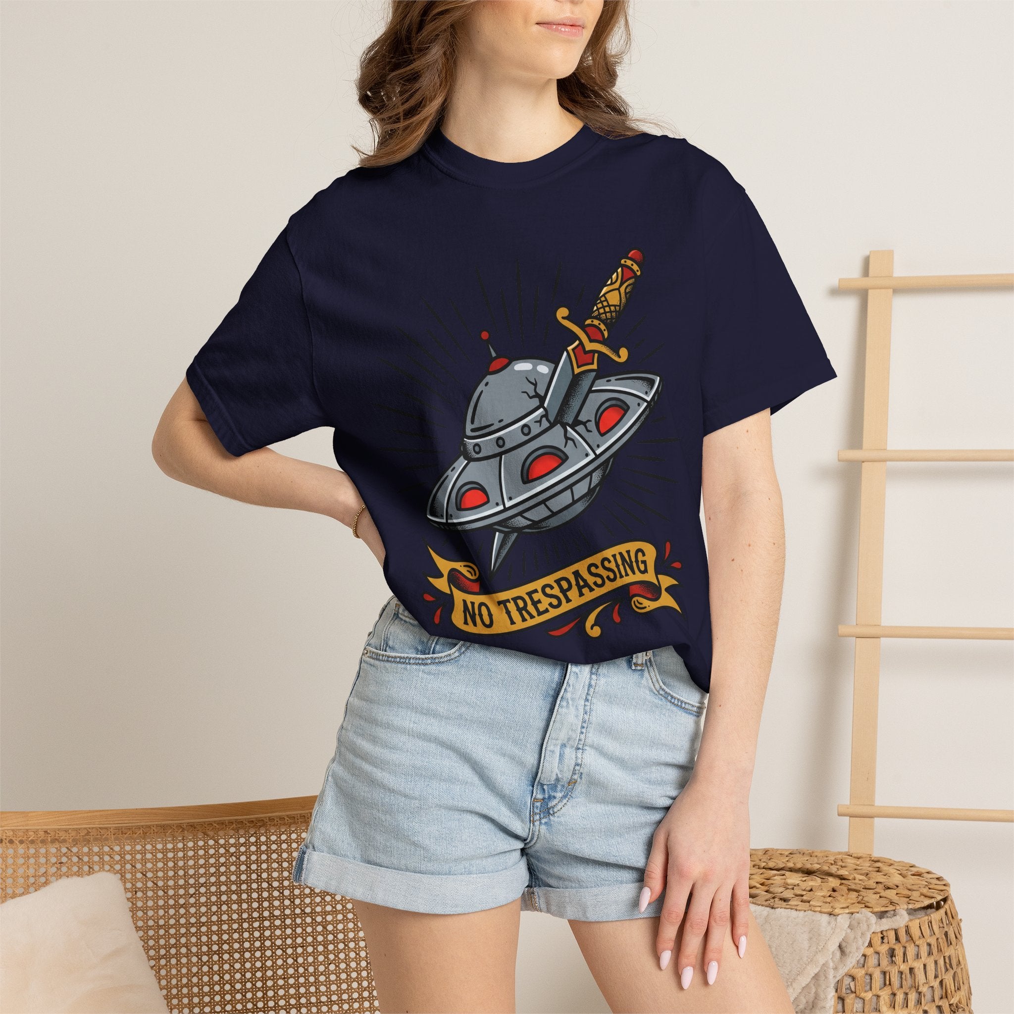 Navy T-shirt with retro UFO dagger and 'No trespassing' graphic