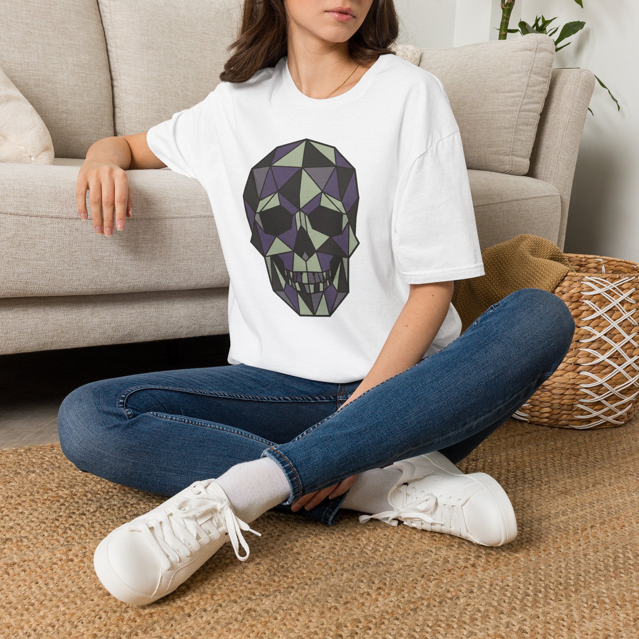 White T-shirt with geometric low-poly skull graphic on the front